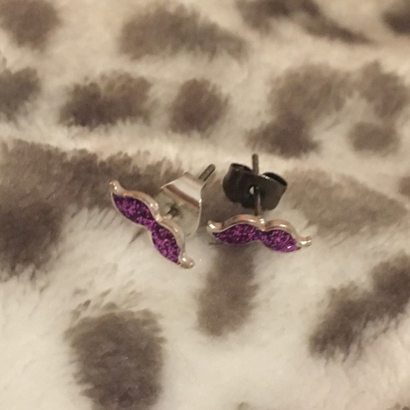 Purple Glittery Mustache Earrings Studs Jewelry - Picture 2 of 2